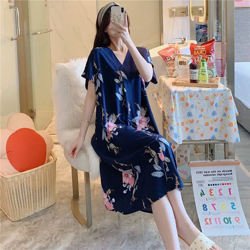 Summer Nightgown Women Cotton Sleepwear Short Sleeve Dresses Night Gown Print Homewear Loose Korean Fashion Dress New