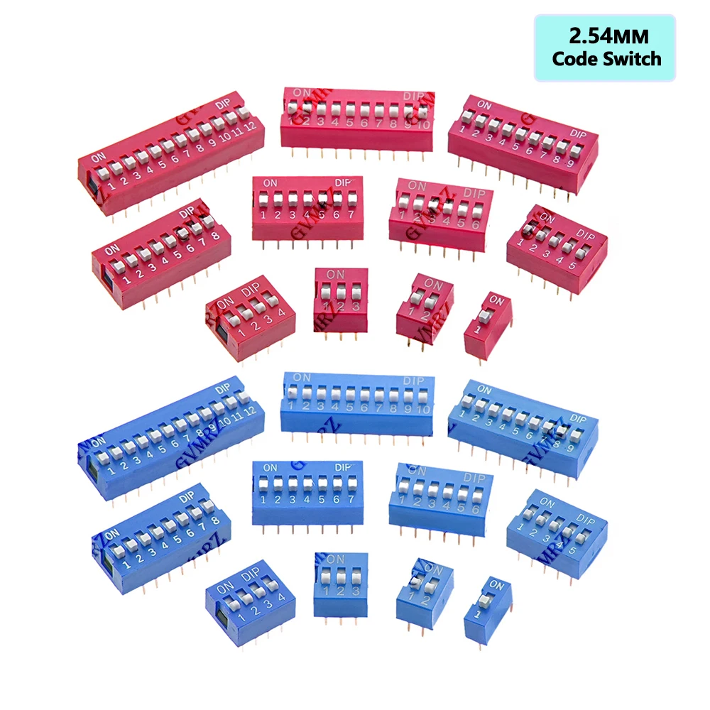 10PCS 2.54mm 1 2 3 4 5 6 7 8 9 10 12 PIN DIP Switch Red Blue  PCB Mounted Toggle Code Switch ON OFF Selector for Circuit Board
