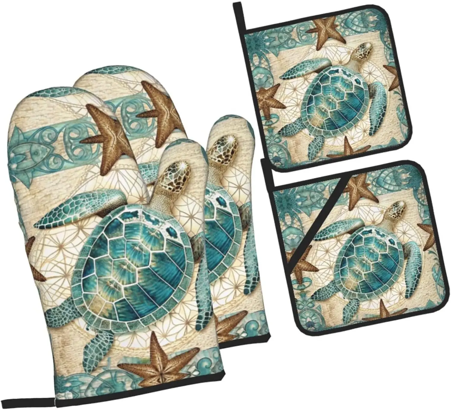 

Наборы из 4 рукавиц для духовки и подставок для морской черепахи и морской звезды, термостойкие нескользящие перчатки для барбекю для кухонной выпечки