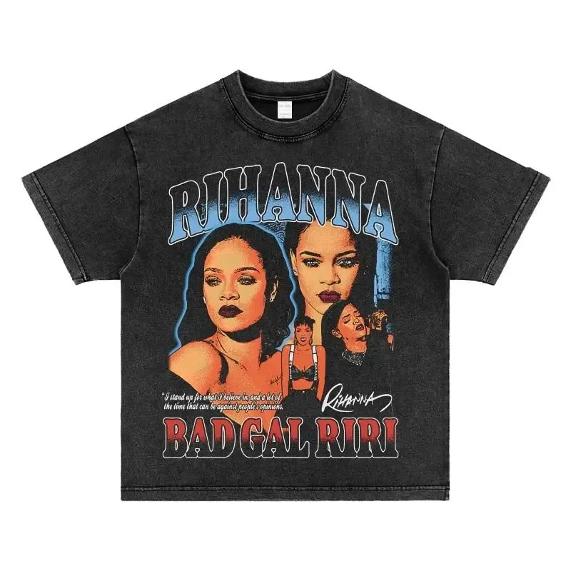 Oversized Spring/Summer Men\'s and Women\'s Retro Rihanna Hip Hop Rap Street Wash Breathable Printed Short Sleeved T-shirt Y2K Top