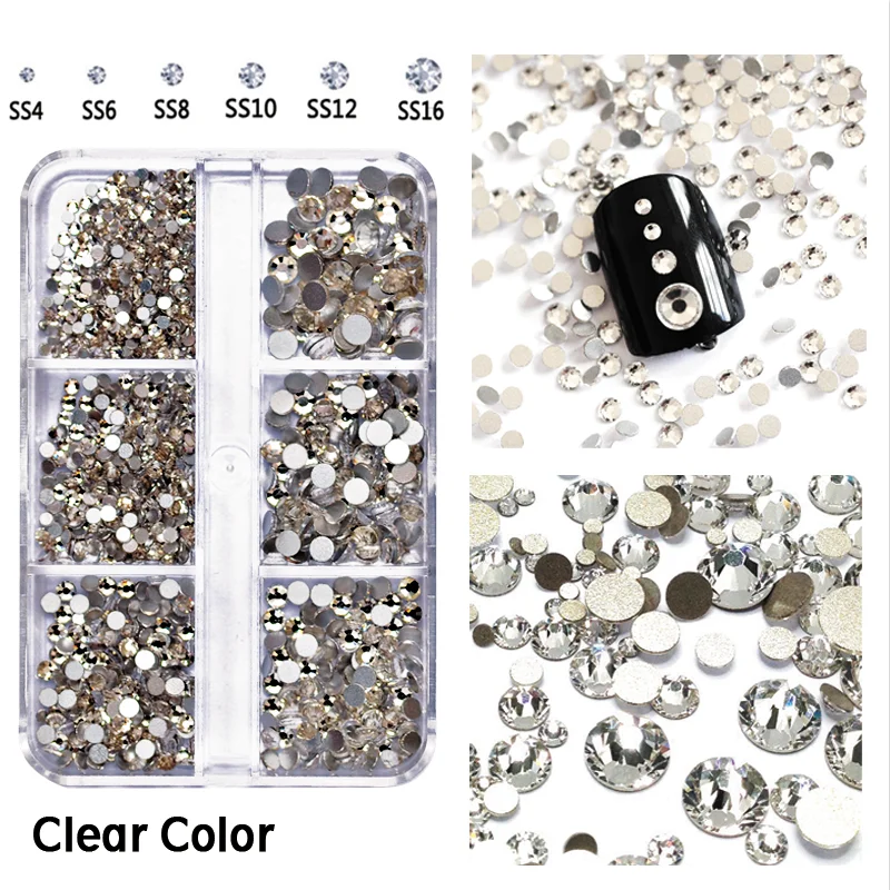 

6Girds Box Rhinestones SS4-SS16 Clear Non Hotfix Glass Glitter Flatback Design Decorations Beauty Accessories For Nail Charms