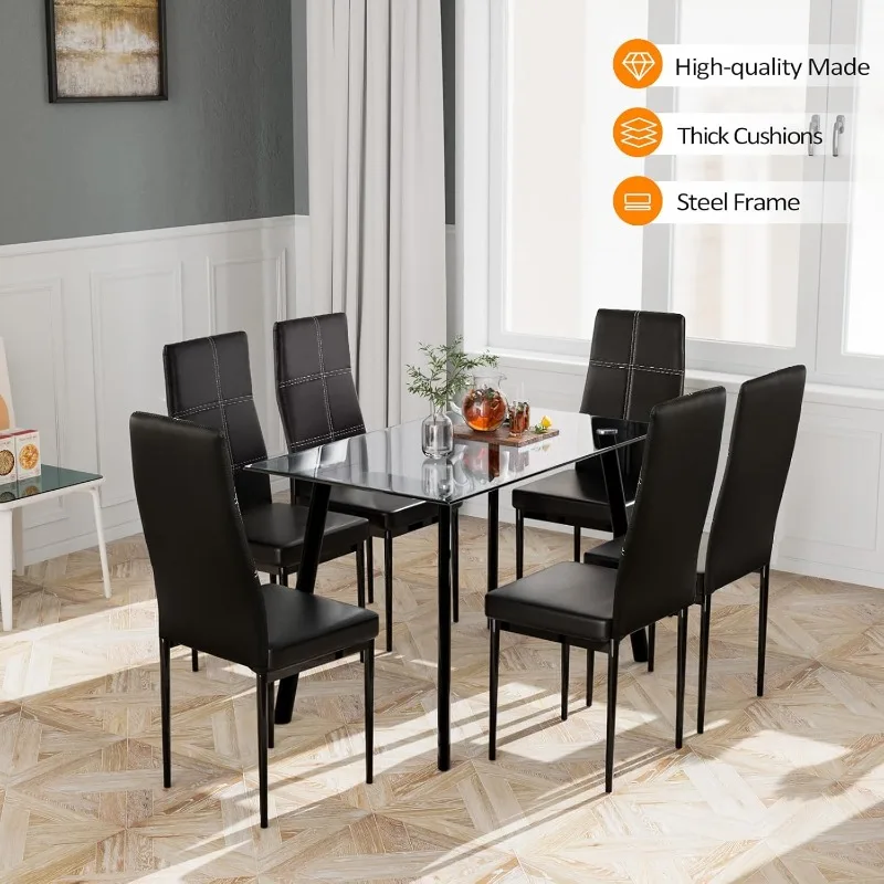 7 Pieces Dining Table Set,Glass Dining Table Set for 6,Kitchen Dinner Table with 6 Chairs,Dining Room Table Set for 6,Glass