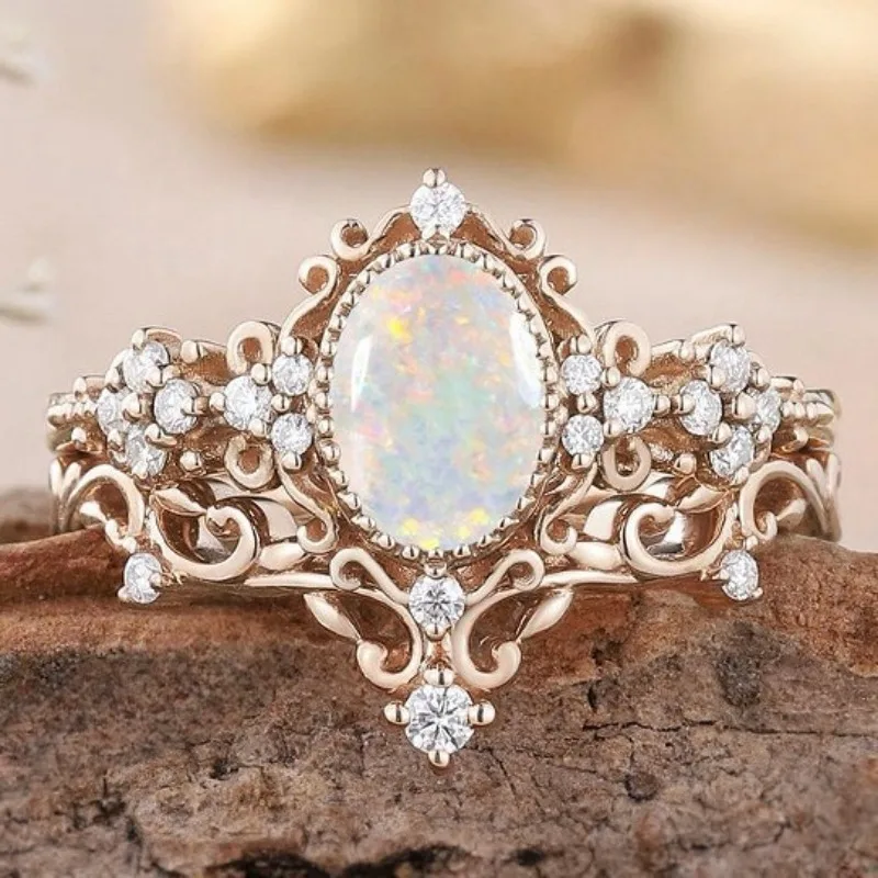 

Attractive Women Rings Rose Gold Color Round Flower White Stone Rings Set Party Accessories Gift