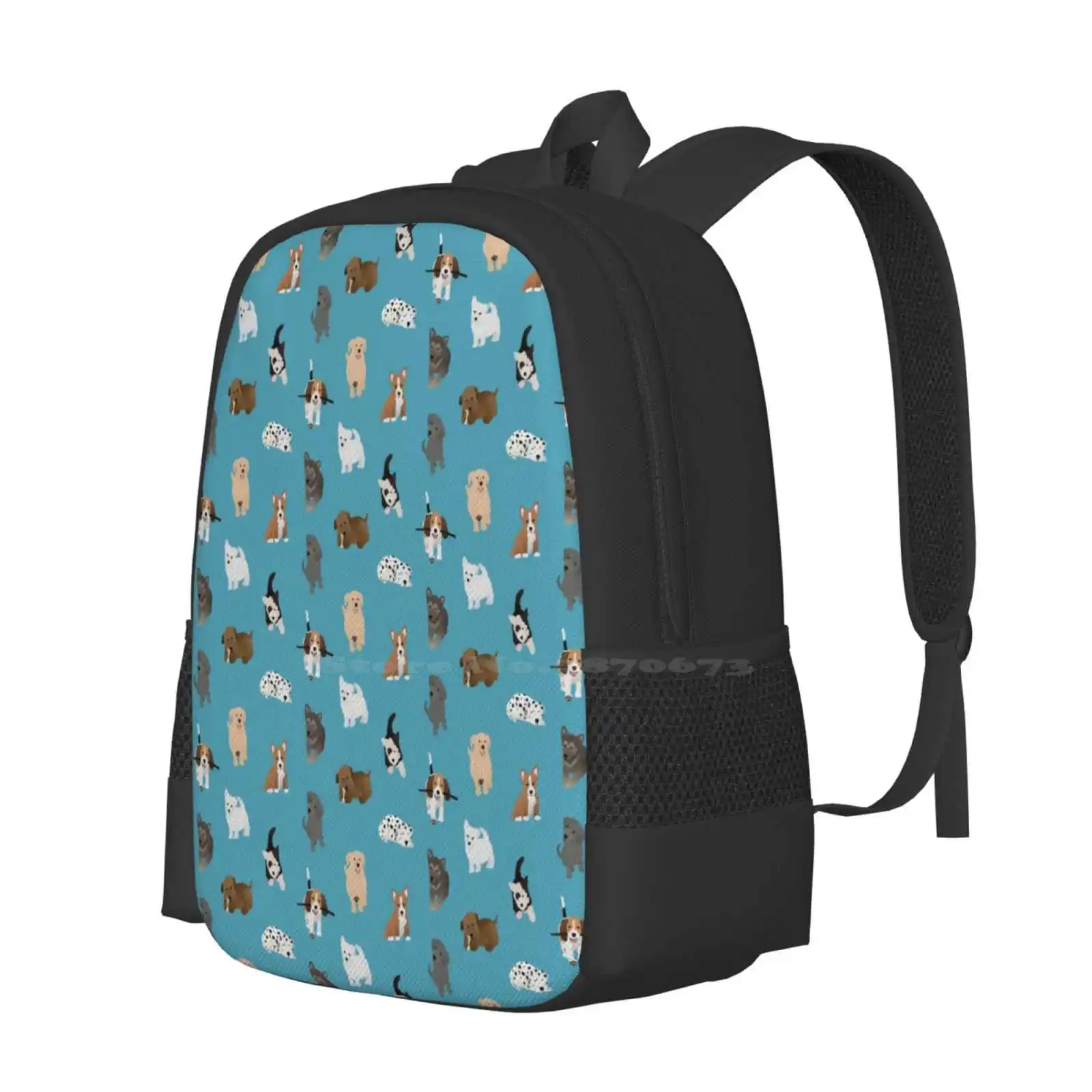 Puppies ( Blue ) Pattern Design Bag Student'S Backpack Dogs Pups Puppies Animals Puppy Pattern Nature Wildlife Beagle Golden