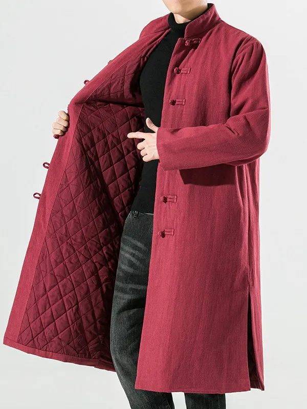 

Long Cotton Linen Men's Jacket Winter Chinese Style Tang Costume Buddhist Clothes Ethnic Style Loose Fit Youth Casual Thickened