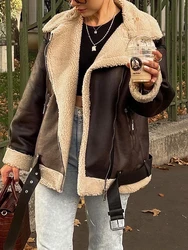 Cappotto in pelle PU da donna con collo a risvolto moda agnello finto fodera in pile giacca a maniche lunghe con cerniera capispalla Casual con tasche