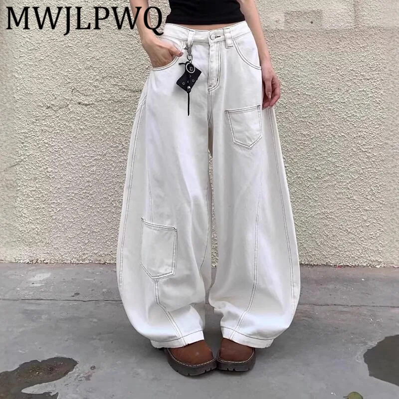 

MWJLPWQ Белые джинсы в американском стиле, большие размеры, унисекс, 2025 г., новый дизайн, свободные повседневные брюки с драпировкой, новинка осени 2020, 12020