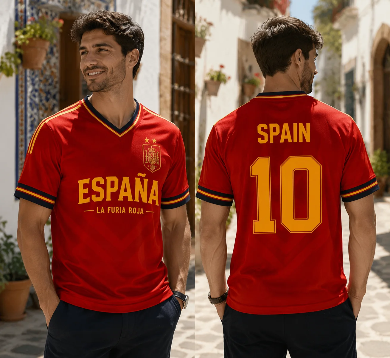 Two‑Star Spain La Furia Roja No.10 Football Jersey,3D‑Print España Fan Short‑Sleeve,Quick‑Dry Breathable Polyester Sports Tee