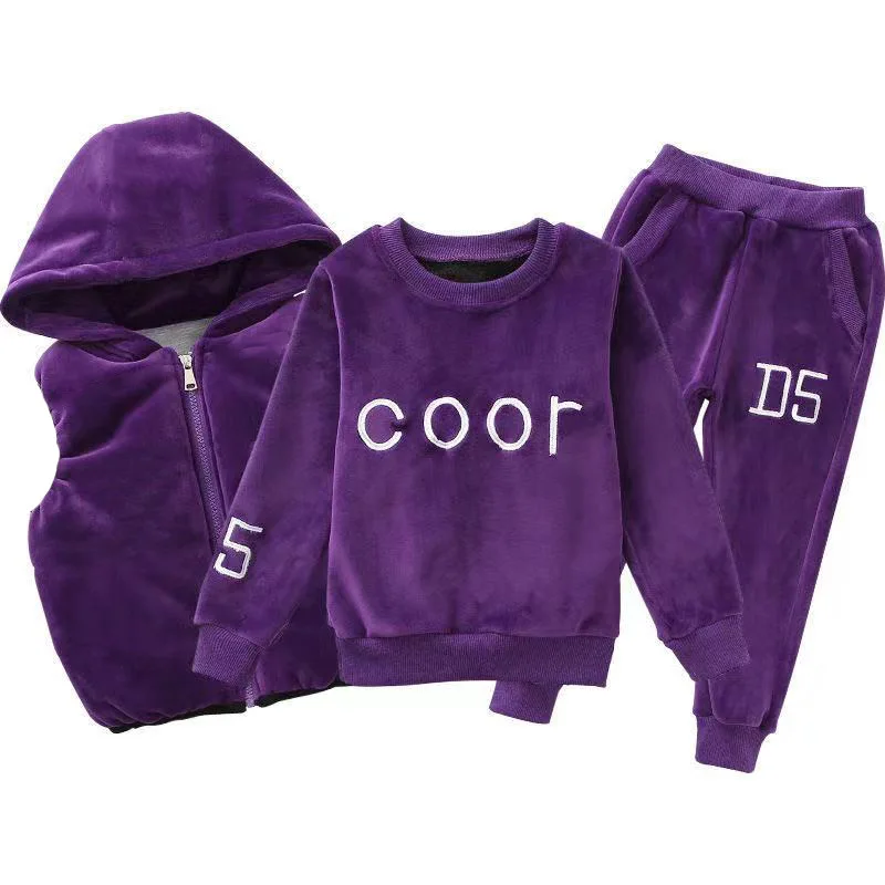 Winter Girls Warm Coral Fleece Alphabet Zip Waistcoat+Sweatshirt+Pant Sets School Kids 3PCS Tracksuit Child Work Outfit