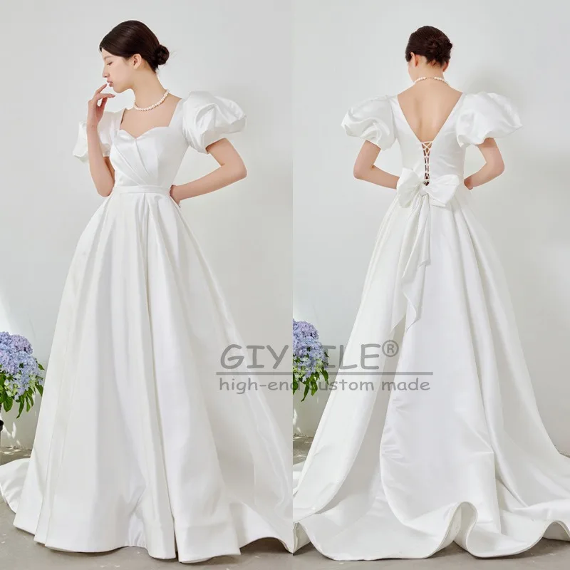 

GIYSILE Customized Pure White Simple Wedding Dress Sweet Princess Wind Bubble Sleeves Retro Satin Fluffy Party Evening Dress