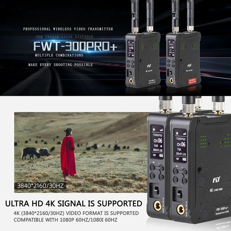 Feidu FWT-300pro+ 1000ft Drahtloses Videoübertragungssystem UHD 4K/30HZ Sender Empfänger für DSLR-Kameramonitor