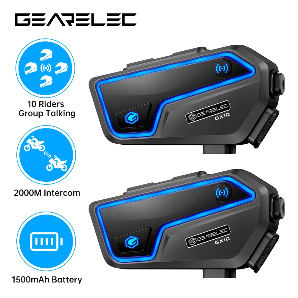 GEARELEC GX10 Motorcycle Helmet Intercom Headset Wireless BT 5.2 Communication Interphone 10 Rider 2000M Music Sharing FM Radio