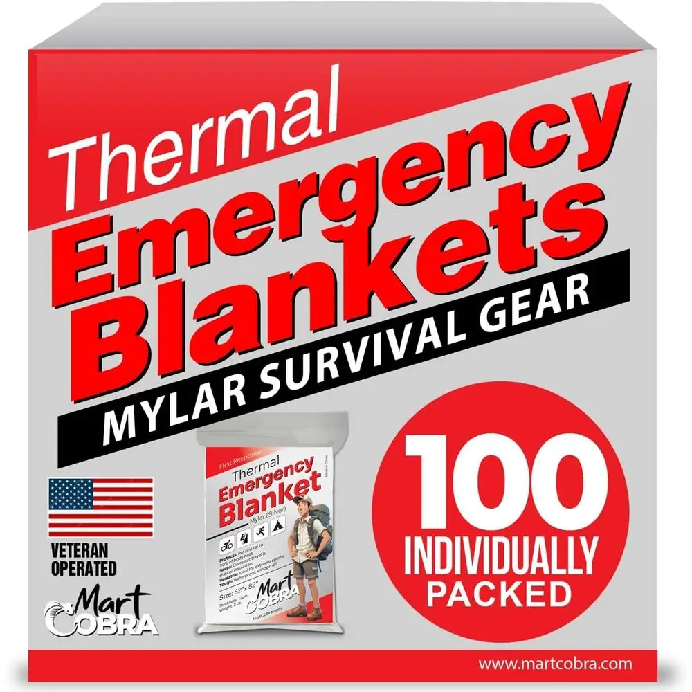 

100-Pack Reflective Thermal Blankets | Survival and Camping Gear | Lightweight Mylar Blankets | Retains 90% Body Heat | Bulk for