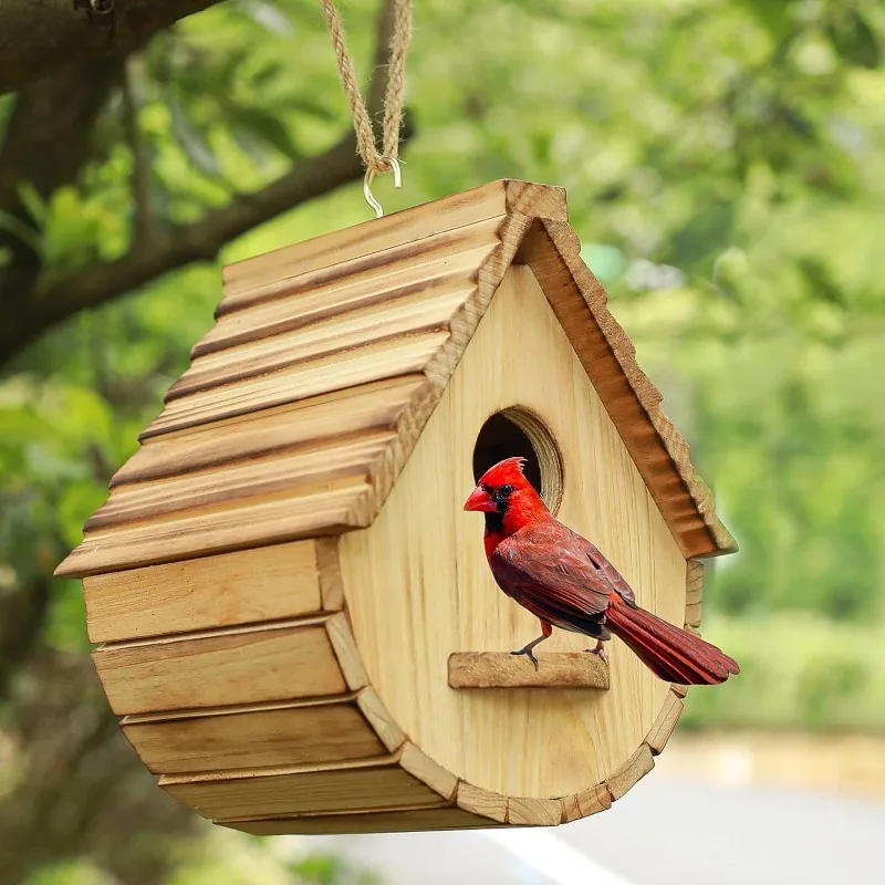 Outdoor Bird Houses, Natural Wooden Bird Hut Clearance Bluebird Finch Cardinals Hanger Birdhouse for Garden Viewing