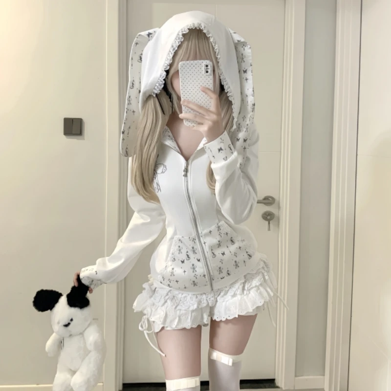 Y2k Aesthetic Lolita Style 2 Piece Set Women Kawaii Print Bunny Ear Hooded Sweatshirt Jacket Ruffle Mini Skirt Gothic Skirt Suit