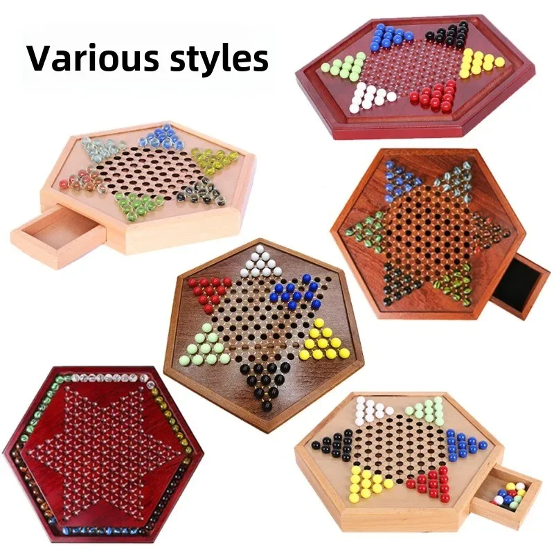 

Checkers glass ball wooden table game chess competitive educational toys