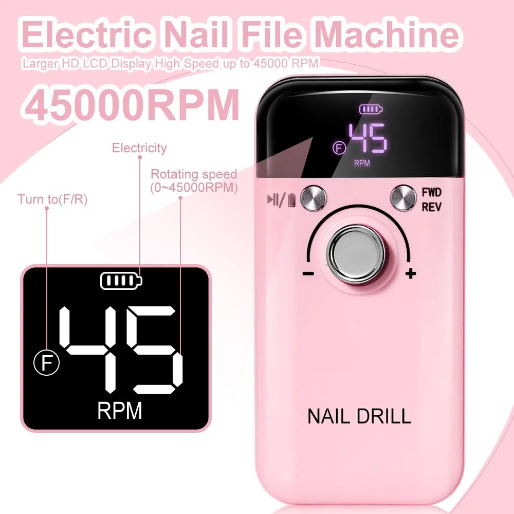 45000RPM Rechargeable Nail Drill Machine Low Noise Professional Nail Polish Sander Nails Accessories Set