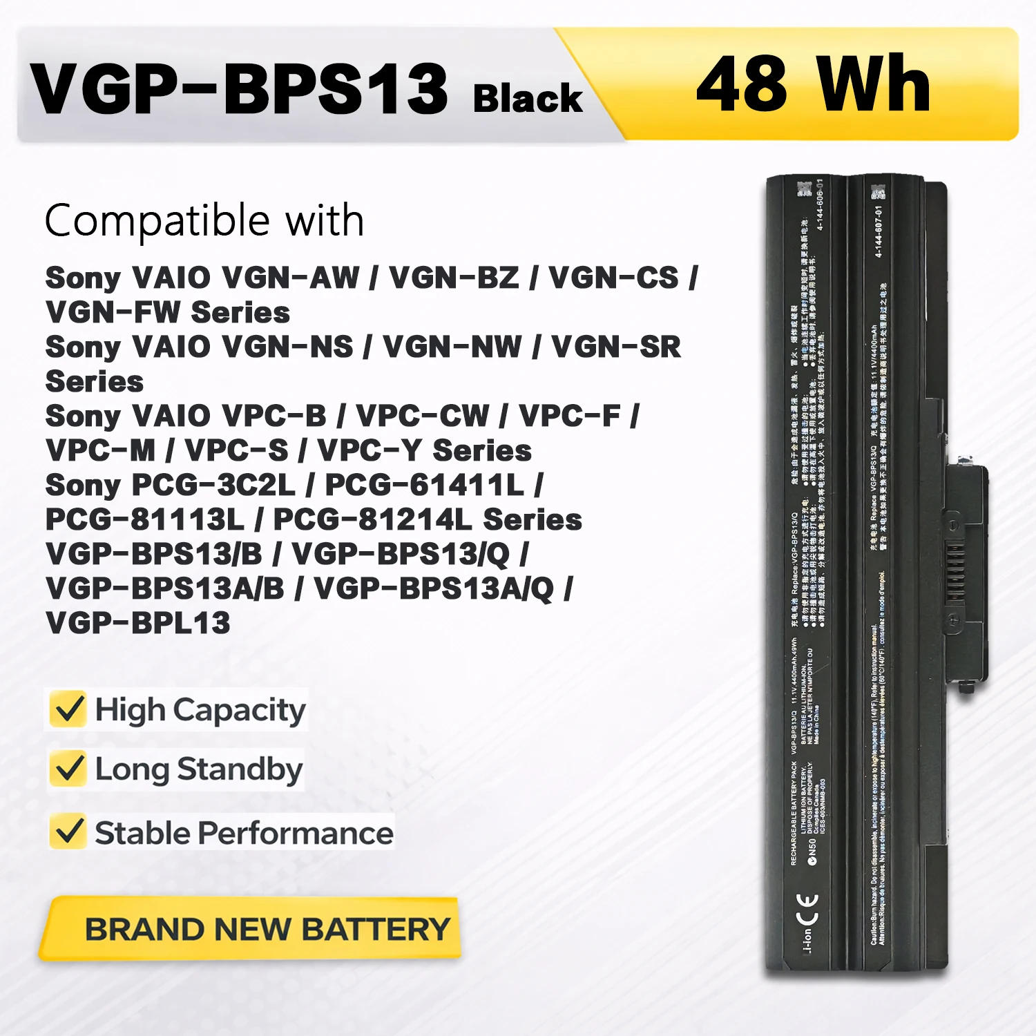 PowerHub  VGP-BPS13A/B BPS13/s 11.1V 48Wh 4400mAh Laptop Battery For Sony VAIO VGN-AW BZ CS FW NS NW SR VPC-CW BPS13A/Q BPL13