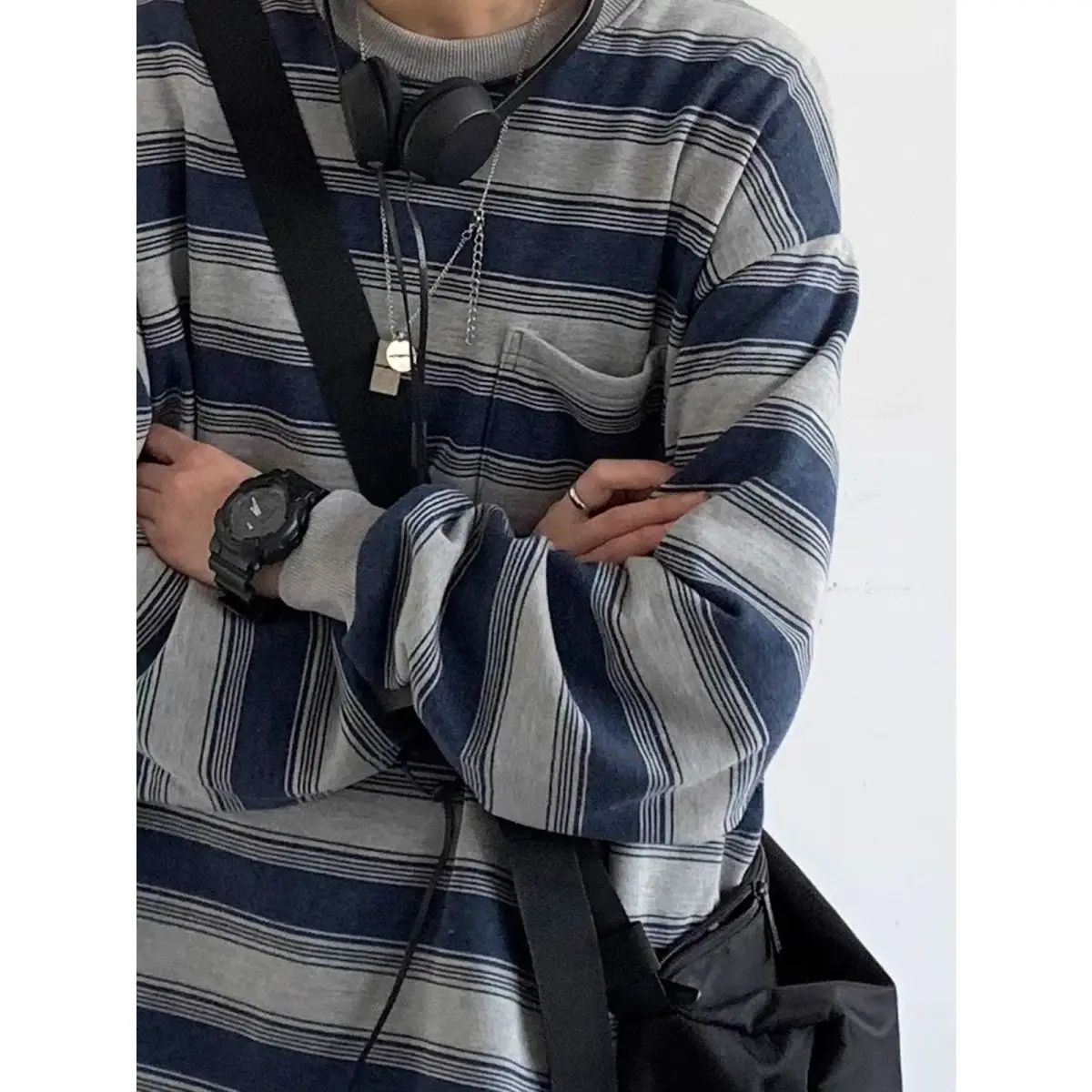 2026 Autumn New Japan Retro Striped Basic Round Neck Long Sleeved Sweatshirt Korean Fashion Harajuku Men's Casual Loose Pullover
