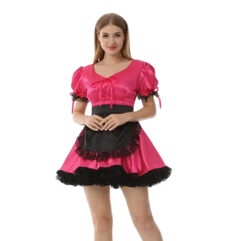 

Rose Red Satin Bubble Sleeves Lace Lock Edge Short Sleeves V-shaped Low Neck Ribbon Bowtie Independent Apron Short Dress