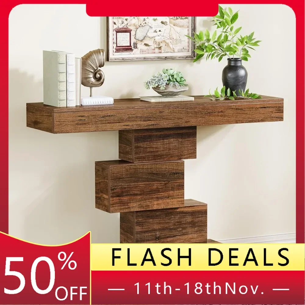 

Console Table, 42.5-Inch Narrow Wood Sofa Table Behind Couch with Geometric Base, Industrial Entryway Accent Table