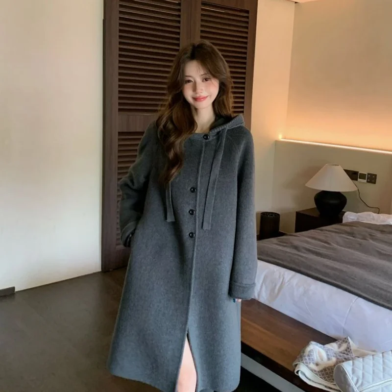 2026 college style hooded double-sided 100% woolen coat, women's mid to long loose and high-end temperament woolen coat
