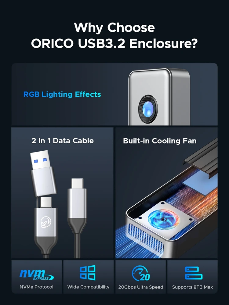 Imagem -03 - Orico-rgb Nvme Ssd Gabinete com Ventilador de Refrigeração 20gbps Usb M.2 8tb Pcie4.0 Nvme Compatível com Alumínio Thunderbolt 3