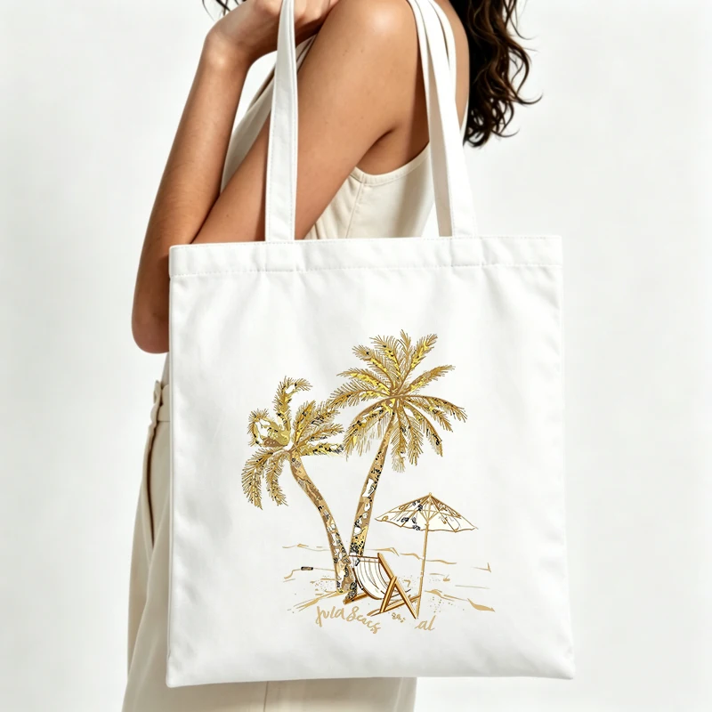 Women's palm tree and beach chair printed canvas tote bag, ideal for summer beach outings and casual shopping