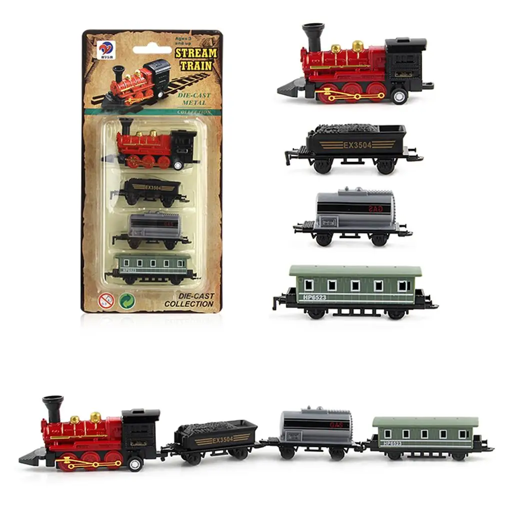 Conjunto de trem puxado para trás com locomotiva de motor fundido colecionável