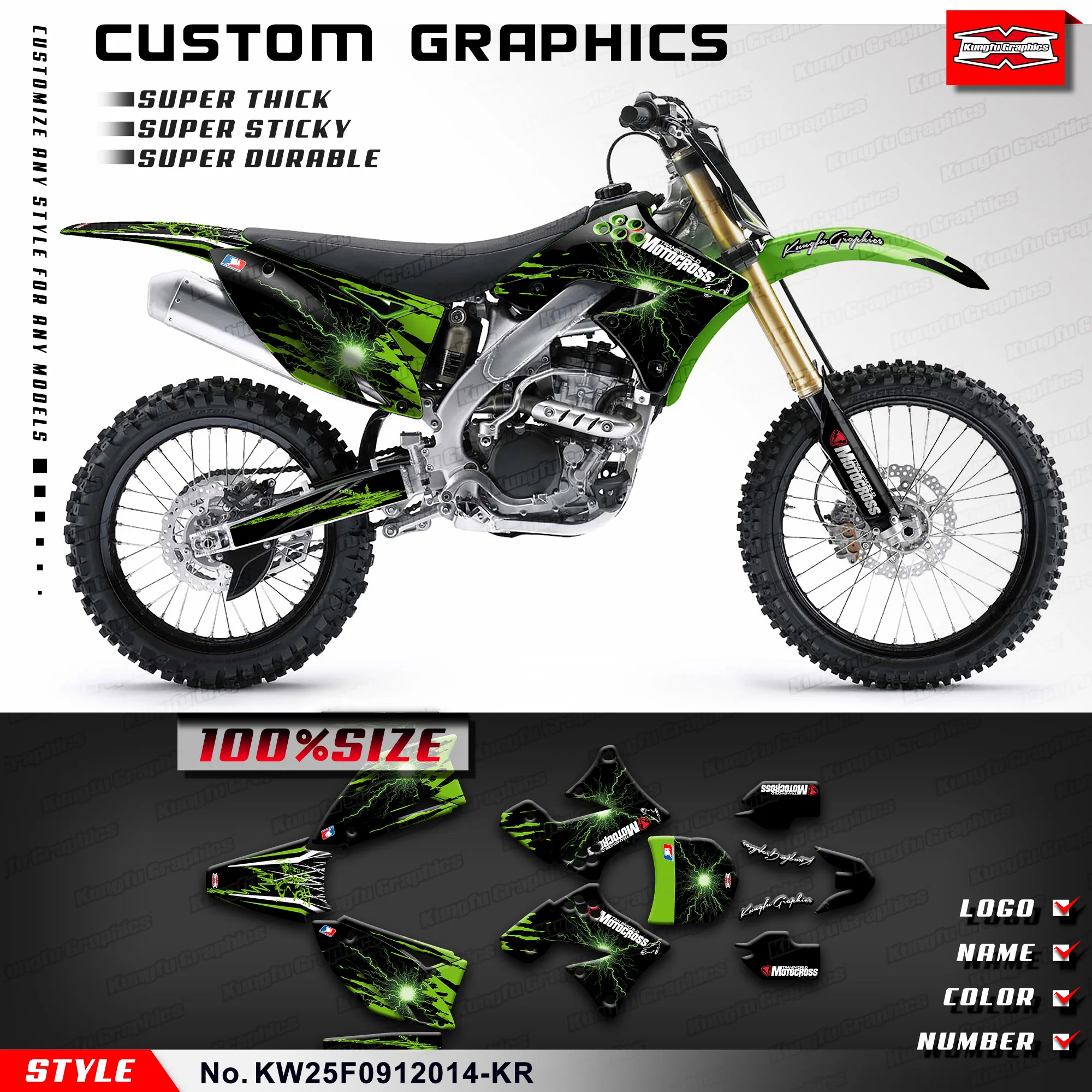 

KUNGFU GRAPHICS Adhesive Decals Vinyl Graphics for Kawasaki KX250F KXF250 2009 2010 2011 2012, KW25F0912014-KR