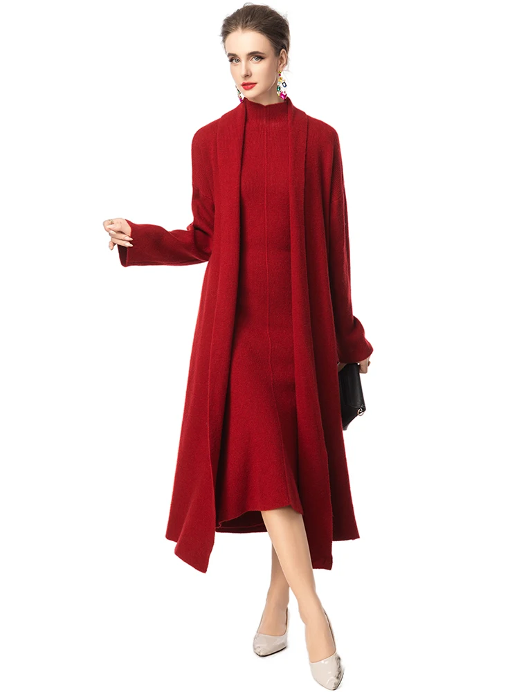DLDENGHAN Women's Long Sleeve Open Stitch Knit Coat with Solid Color Sleeveless Dress High Street Two-Piece Set for Autumn