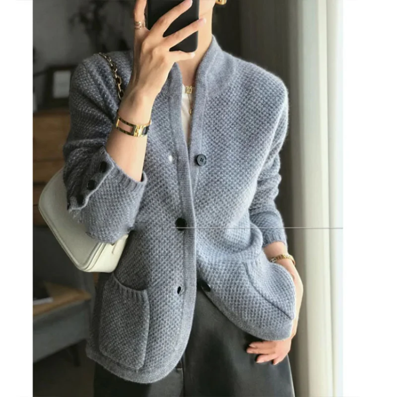 White Knitted Sweater Coat Thickened 100% Pure Cashmere Cardigan Women Stand Neck Sweater Loose Knitwear Elegant Sweater Jacket