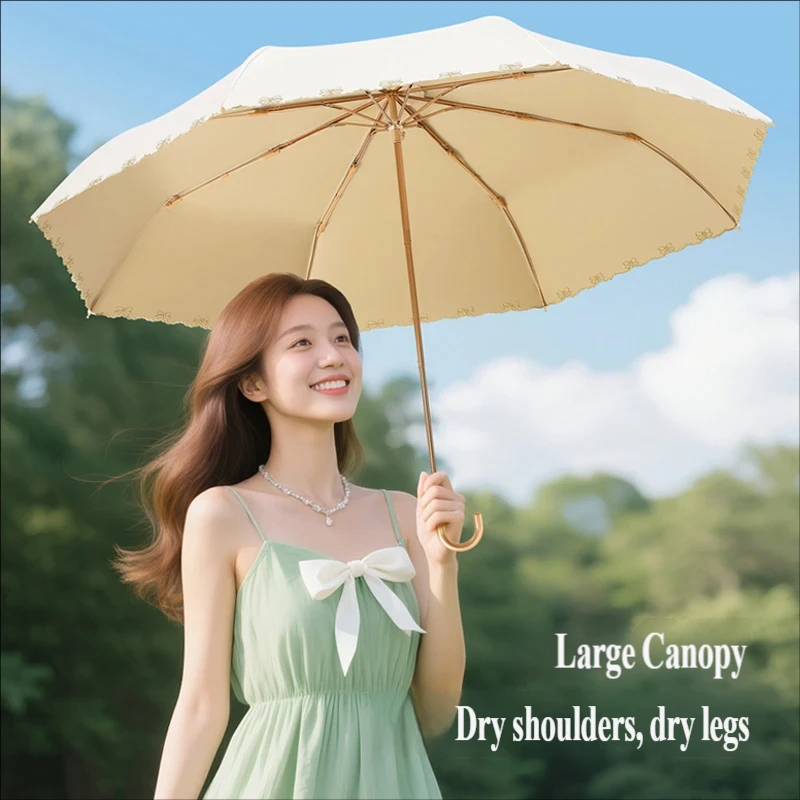 Embroidered Sun Umbrella for Women, UV Protection, Curved Hook Handle, Folding Parasol, High-end Feeling, Sun & Rain Dual Use