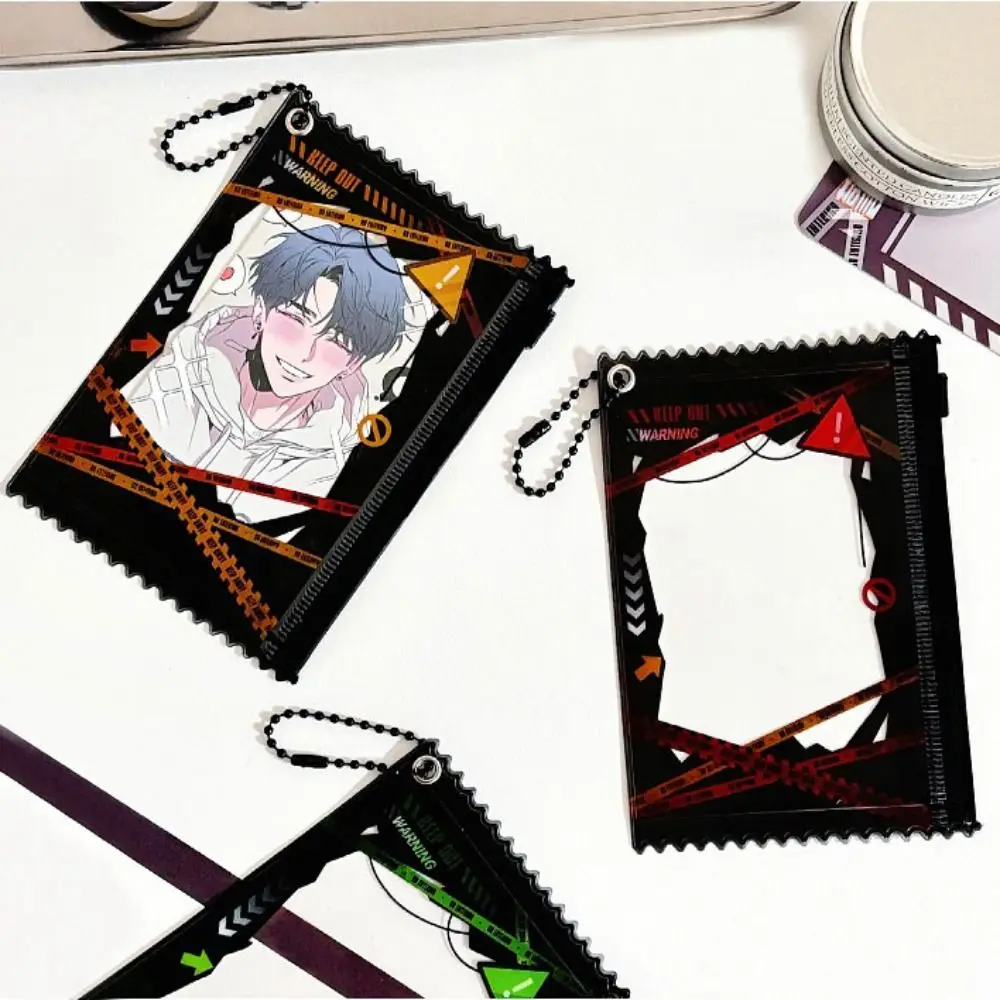 Держатель для фотокарт в стиле киберпанк в стиле аниме, дизайн предупреждающей линии, защитный рукав для фотокарточек с цепочкой