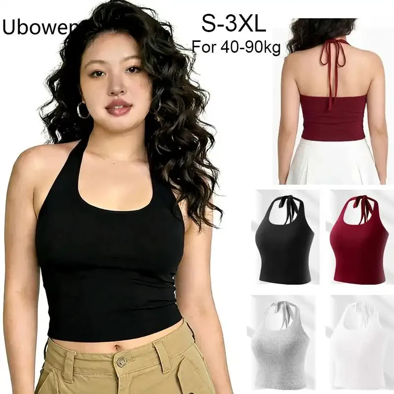 S-3XL For 40-90kg Plus Size Halter Neck Camisole Top For Women With Chest Pad Beautiful Back Design Fixed Cup Tank Tops