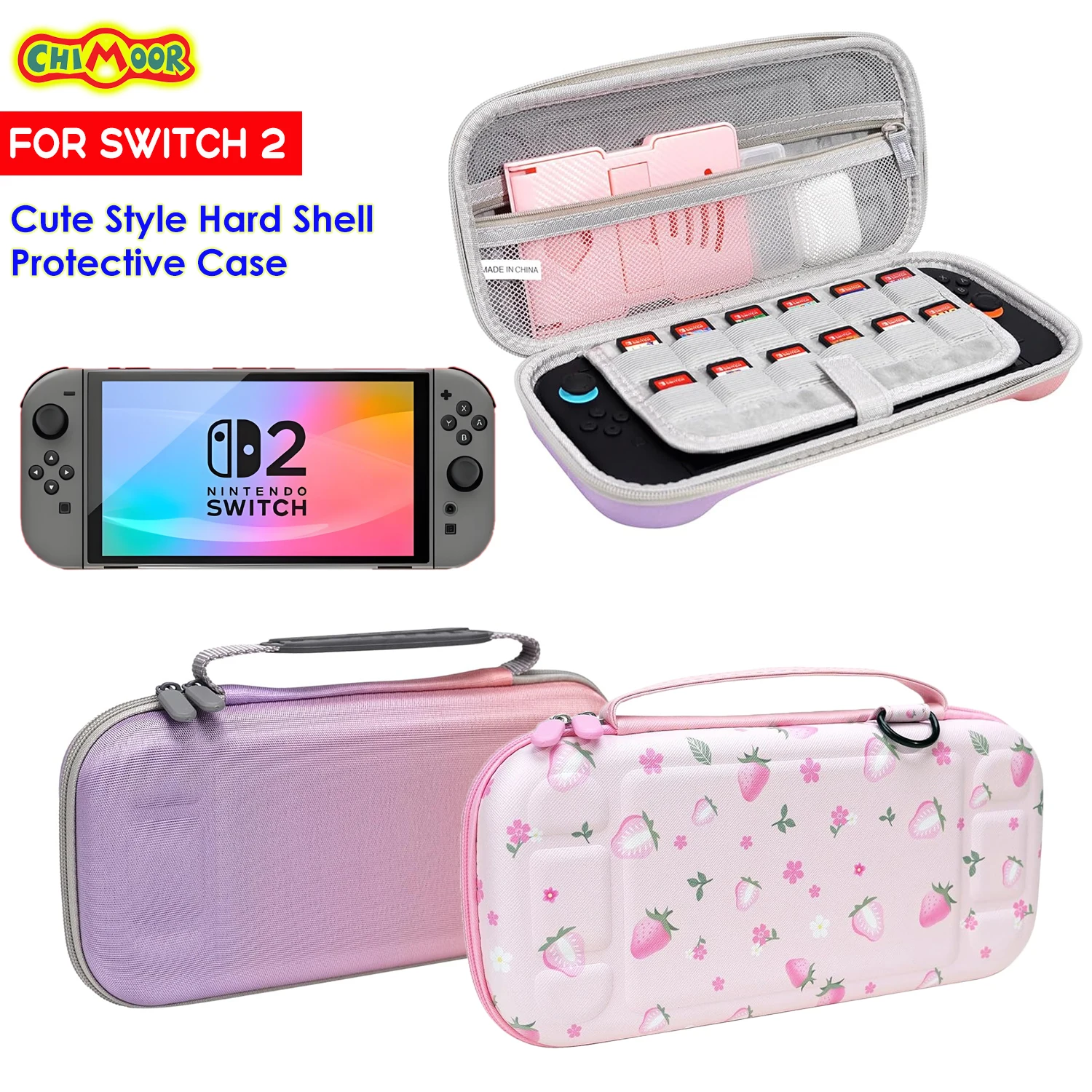 Hard Shell Carrying Case for Switch 2 – Cute NS2 Case Includes 12 Game Card Slots, NS 2 Protective Travel Bag for Kids & Gamers