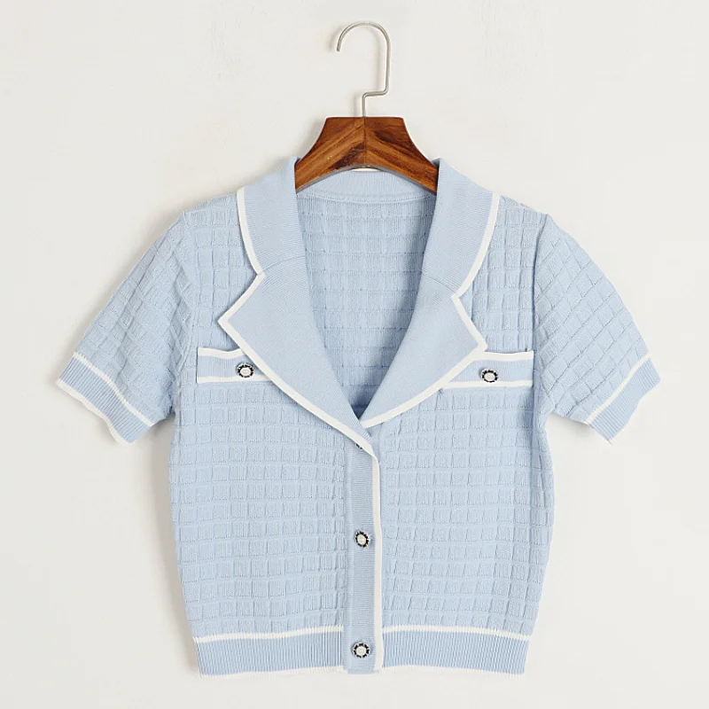 Notched Collar Cardigan for Women, Short Sleeved Knitted Suit, Crop Tops, Summer Shirt, 2024