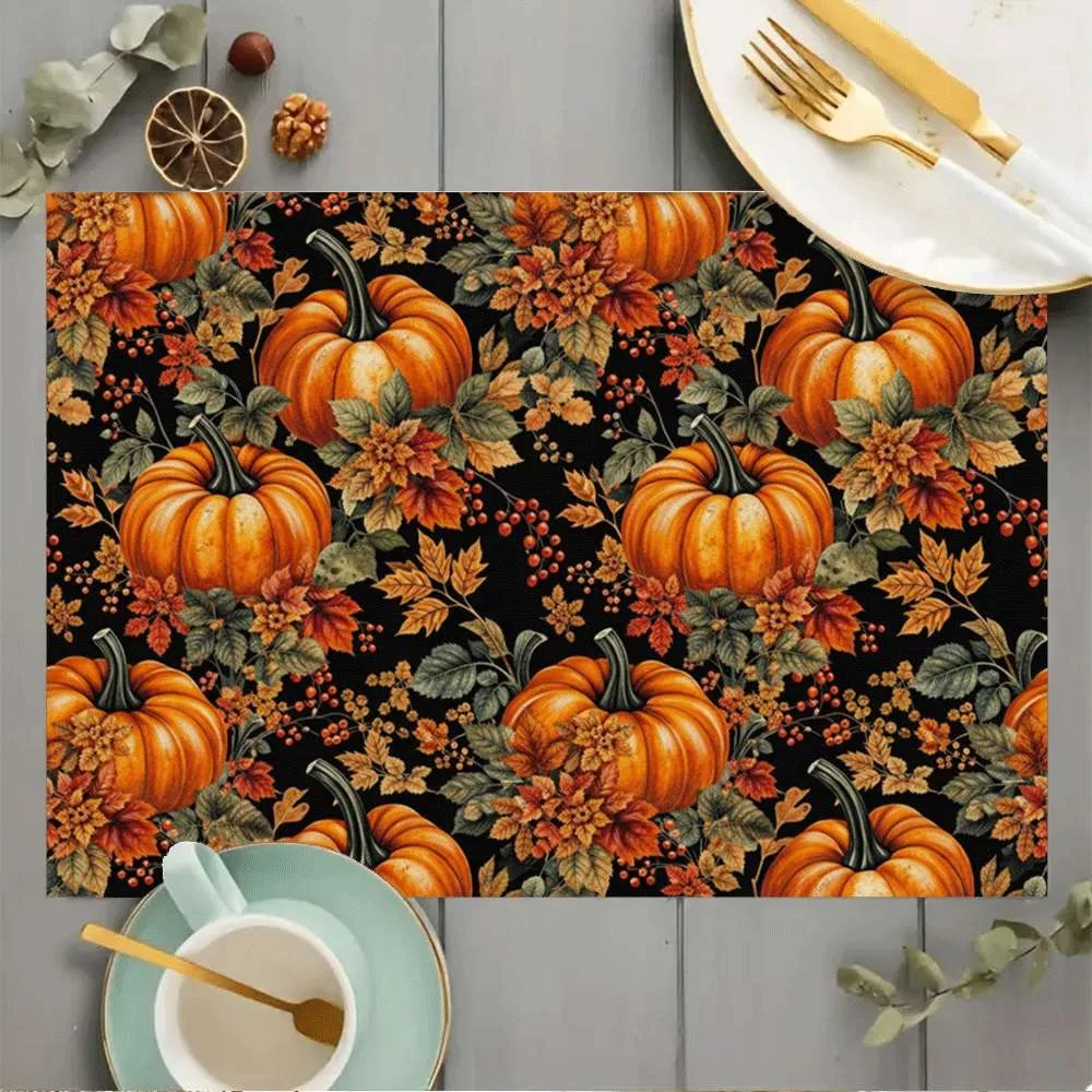 Fall Harvest Placemats Table Mat Vintage Pumpkin Foliage Berry Pattern for Dining Table Thanksgiving Cottage Home Decoration