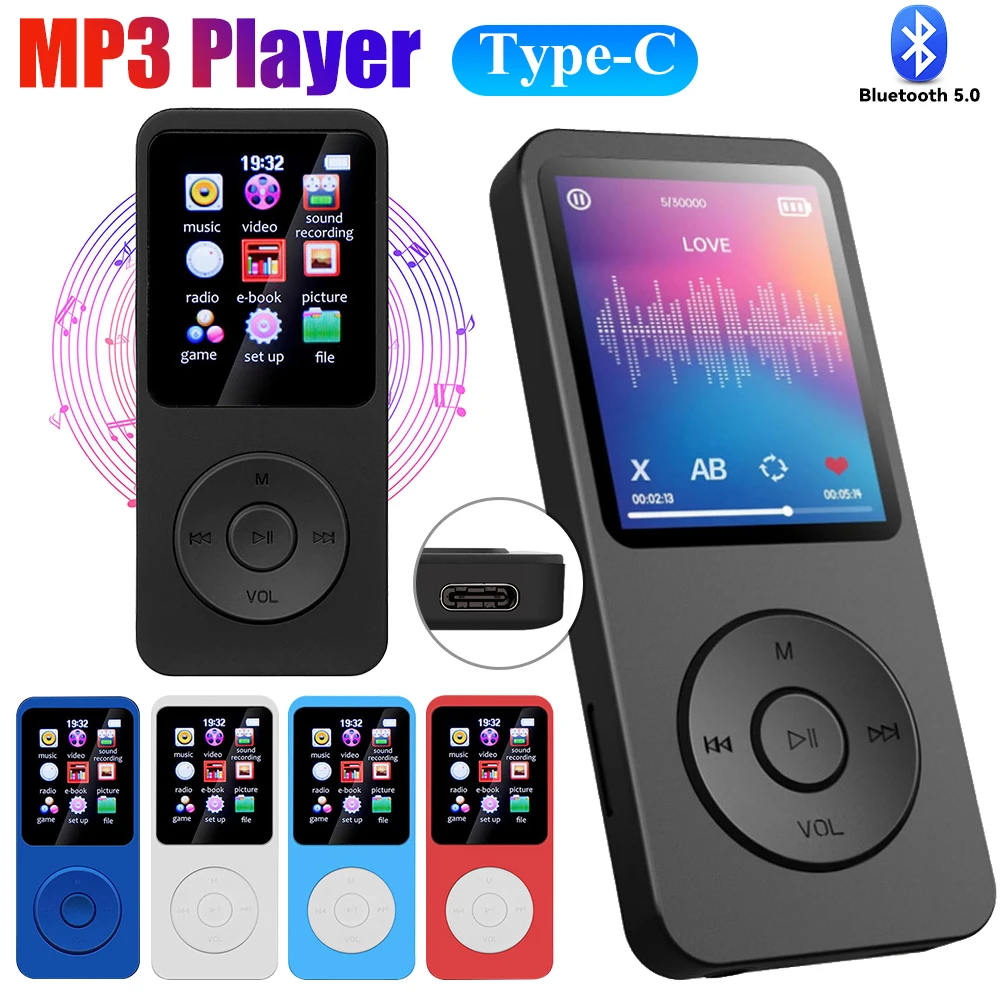MP3 Player Type-C HiFi Lossless Music Player Bluetooth-Compatible5.0 Student Walkman Support FM Radio E-Book Recording for Kids