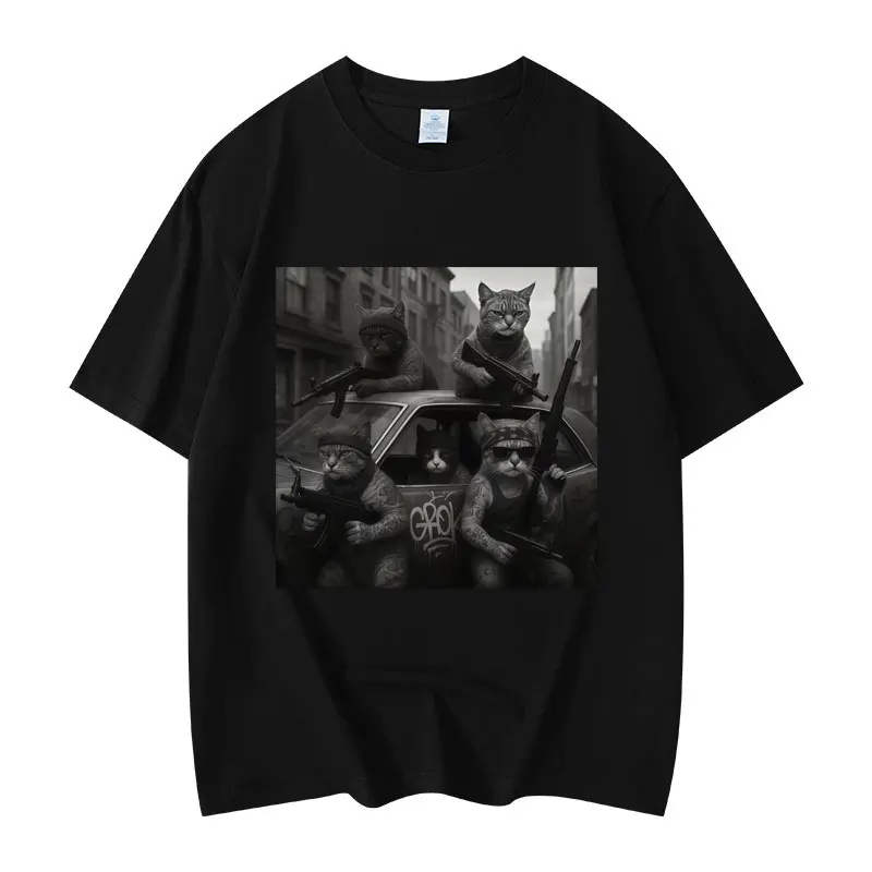 Modisches Retro-Kurzarm-T-Shirt aus hochwertiger Baumwolle für Herren und Damen, lustiges Cat Gang Meme-Muster-T-Shirt