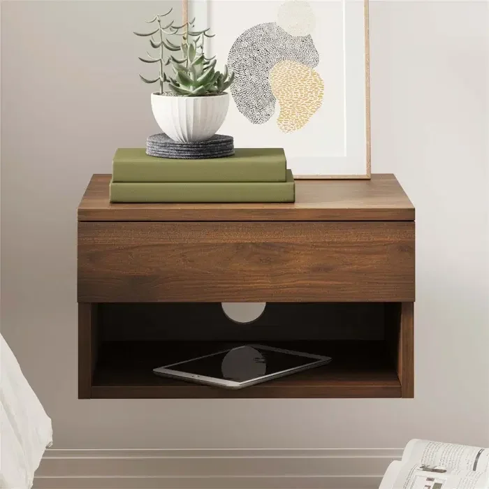 #Space-Saving Wall-Mounted Floating Bedside Nightstand with Storage Drawer Brown Wooden Shelf Cabinet