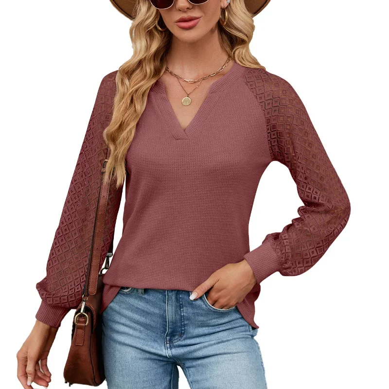 

Europe and America Women's Clothing 2023 Autumn Winter New Solid Color Spliced Lace Long Sleeve V-Neck Loose Casual Tops T-shirt