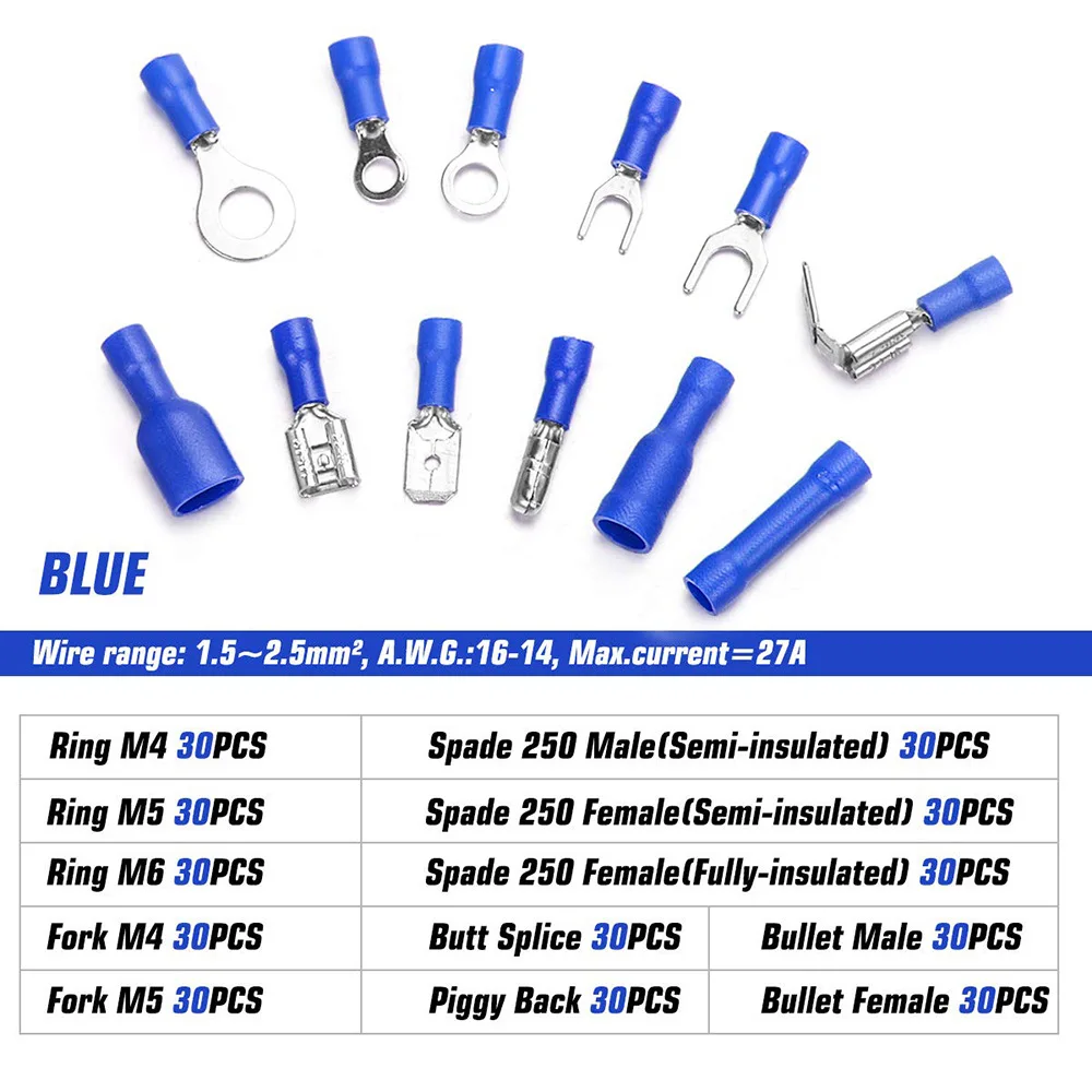 840PCS Lnsulated Cable Connector Electrical Wire Assorted Crimp Spade Butt Ring Fork Set Ring Lugs Rolled Terminals Kit