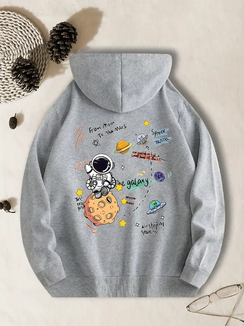 

Мужская повседневная толстовка с капюшоном и космическим принтом космонавта, с геометрическим узором звезды и планеты, с передним карманом, обычный стиль,