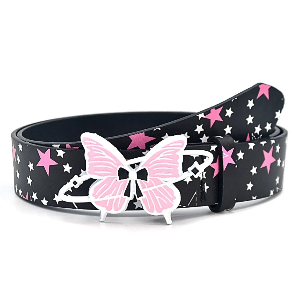 Smooth Surface PU Women Belt Alloy Star Pattern Waist Strap Y2K Style Butterfly Buckle Dress Belt Jean Matching