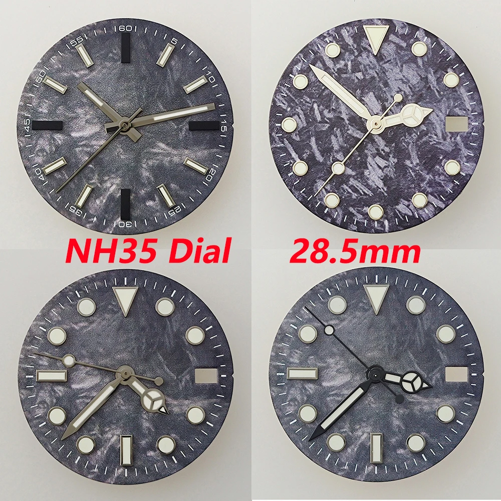 

Циферблат NH35 28,5 мм, метеоритный черный циферблат из углеродного волокна, мужские часы, зеленая подсветка, индивидуальный логотип, аксессуары для мужских часов