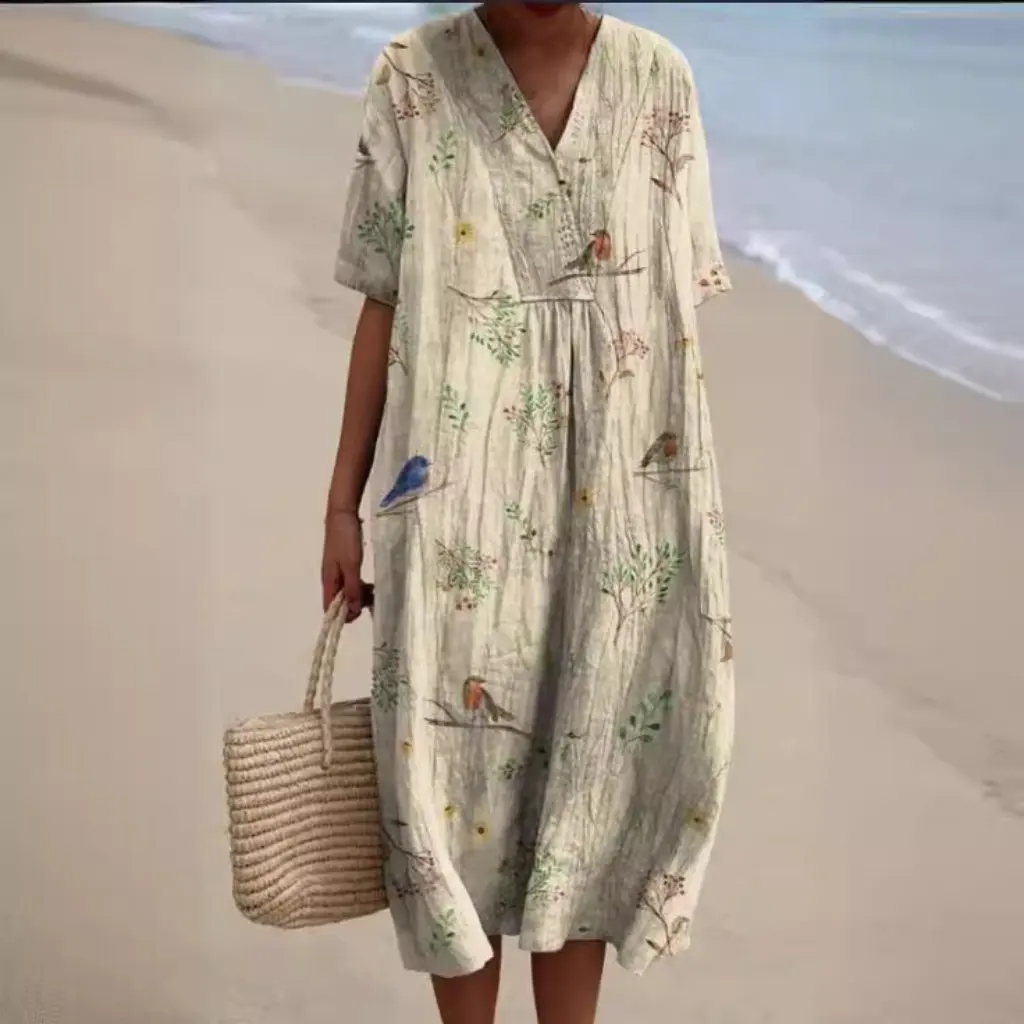 فستان نسائي طويل مريح فضفاض مطبوع على الطراز الأوروبي والأمريكي الجديد