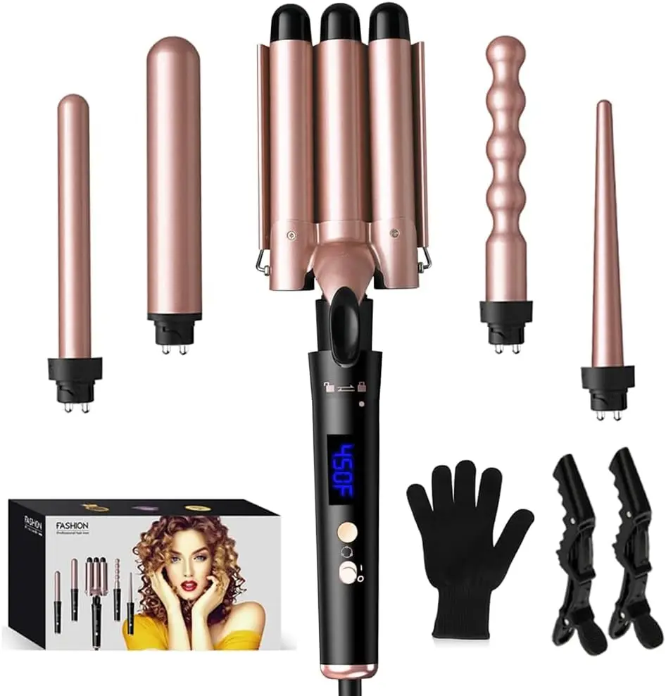 5 in 1 Curling Iron Set with 4 Interchangeable Barrels, 3-Barrel Hair Crimper, Adjustable Temp, Glove & Clips