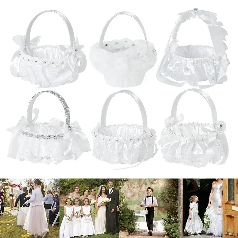 Wedding Flower Basket White Lace Silk Bowknot Flower Baskets For Bridal Shower Marriage Party Supplies Wedding Decorations