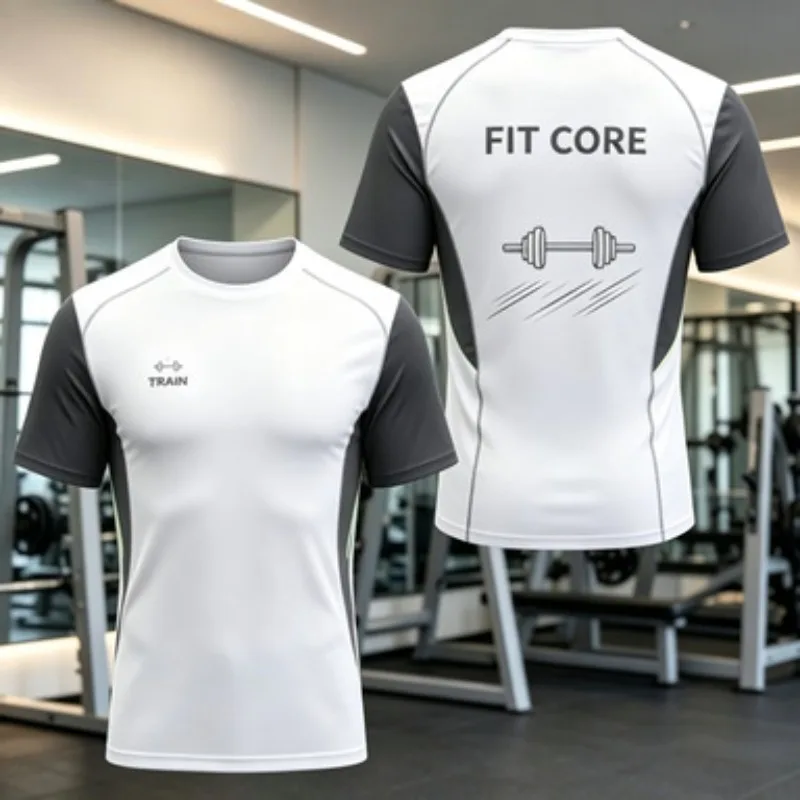 Unisex Fitness T Shirt Fit Core Dumbbell Print Quick Dry Short Sleeve Men Women Gym Workout Sports Tee For Training Running